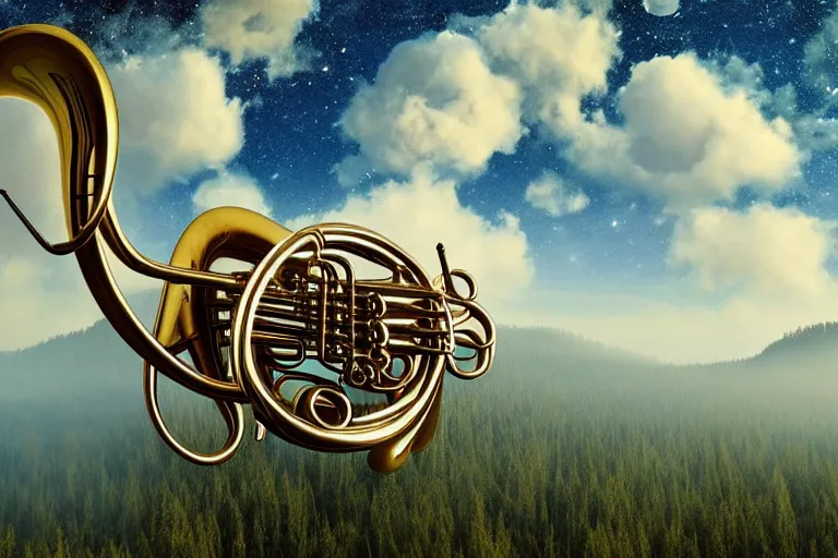 Image similar to a huge flock of many intricate elegant french horn tuba cloud filigreed cloud sculptures, art nouveau redwood forest environment, soothing, milky way, award winning art, epic dreamlike fantasy landscape, ultra realistic,