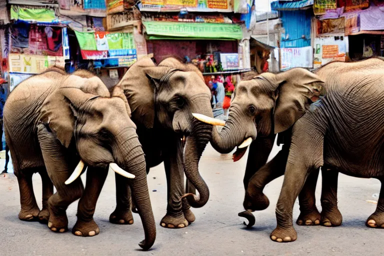 Image similar to elephants walking through an street market in India