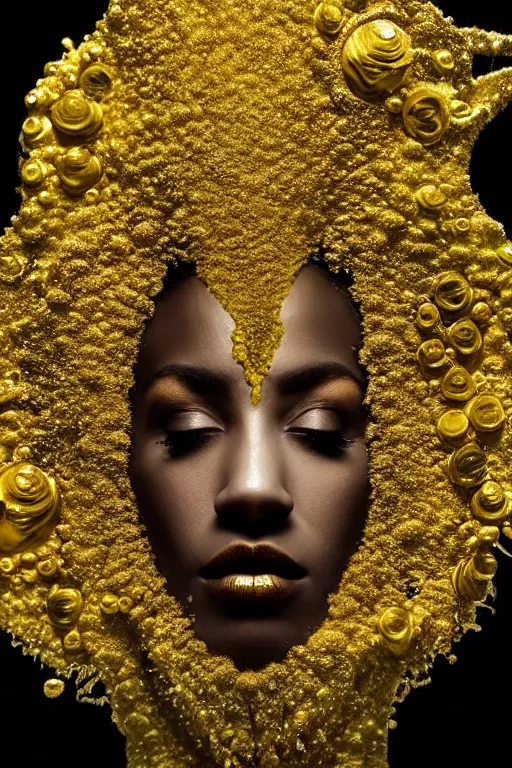 Image similar to hyperrealistic post - dada cinematic very expressive! profile black oshun goddess, shoulders from water!!, mirror dripping droplet!, gold flowers, highly detailed face, digital art masterpiece, smooth eric zener cam de leon, dynamic pearlescent teal light, low angle uhd 8 k, sharp focus