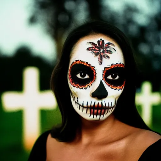 Prompt: film photograph of beautiful Mexican woman, age 20s, in sugar skull makeup, illuminated by candlelight, in a cemetary at night, cinestill 800, 85mm