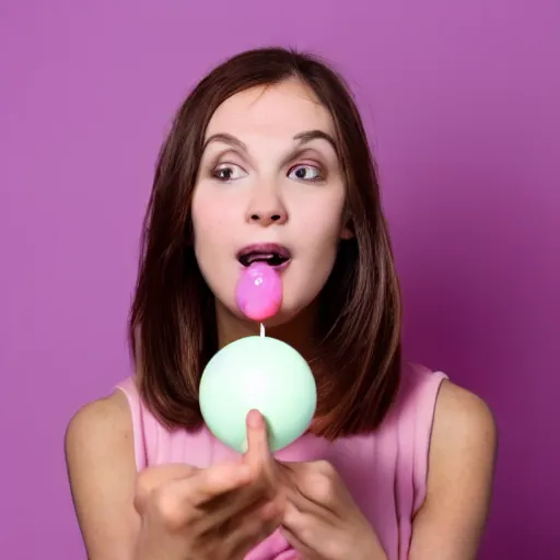 Prompt: Woman with brown hair blowing bubblegum, staring at the camera, eyes wide open, pink background