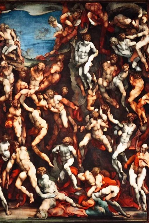 Prompt: a scene of a movie of michelangelo antonioni in the style of the last judgement by michelangelo. technicolor, grandiose, cinematic, 5 0 mm, highly detailed, romantic