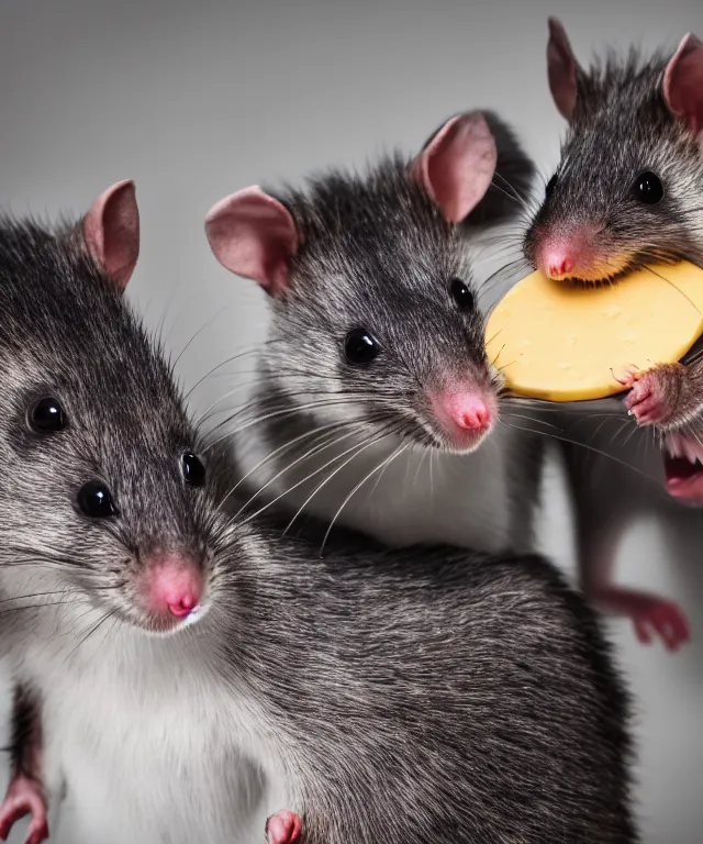 Image similar to high quality presentation photo of vicious anthropomorphic rats with sharp teeth eating cheese, photography 4k f1.8 anamorphic bokeh 4k Canon Nikon