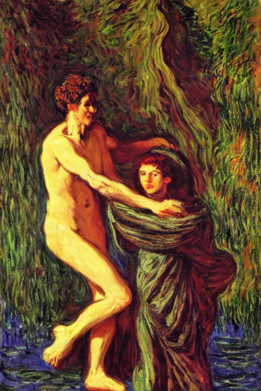 Image similar to Prometheus by Salome with the Head of John the Baptist, background by Claude Monet