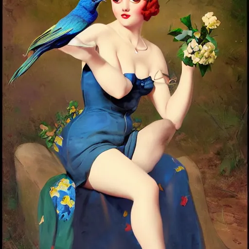 Image similar to portrait of a pinup girl holding an indigo bunting, bird, the bird is wearing a bowtie, by greg rutkowski, rossdraws, gil elvgren, enoch bolles, anime, porcelain skin, very coherent