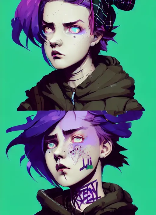 Prompt: highly detailed portrait of a sewer punk lady student, blue eyes, tartan hoody, purple hair by atey ghailan, by greg rutkowski, by greg tocchini, by james gilleard, by joe fenton, by kaethe butcher, gradient green, black, brown and magenta color scheme, grunge aesthetic!!! ( ( graffiti tag wall background ) )