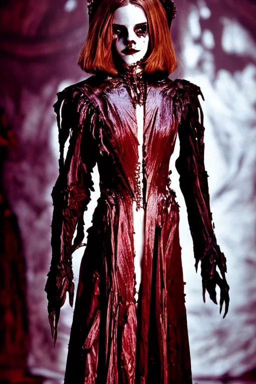 Image similar to dressed emma watson, a sinister demonic queen of cenobites, symmetrical, cinematic, elegant, demonic atmosphere, professional studio light, real dlsr photography, sharp focus, costume made by clive barker, real rotten flesh, blood and bones, 4 k, ultra hd, sense of awe