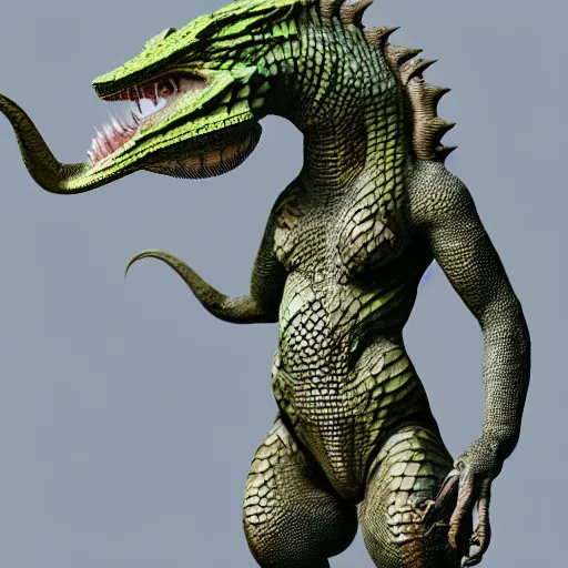 Image similar to character render of a beautiful feminine anthro reptile Argonian fursona with a slender tail and detailed smooth scales from Skyrim, highly detailed, octane render, cgsociety, loverslab, furaffinity