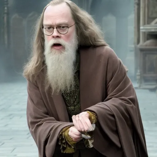 Prompt: dwight schrute playing dumbledore in a harry potter movie