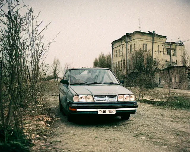 Image similar to a lomographic photo of old polonez polish car standing in typical soviet yard in small town, hrushevka on background, cinestill, bokeh