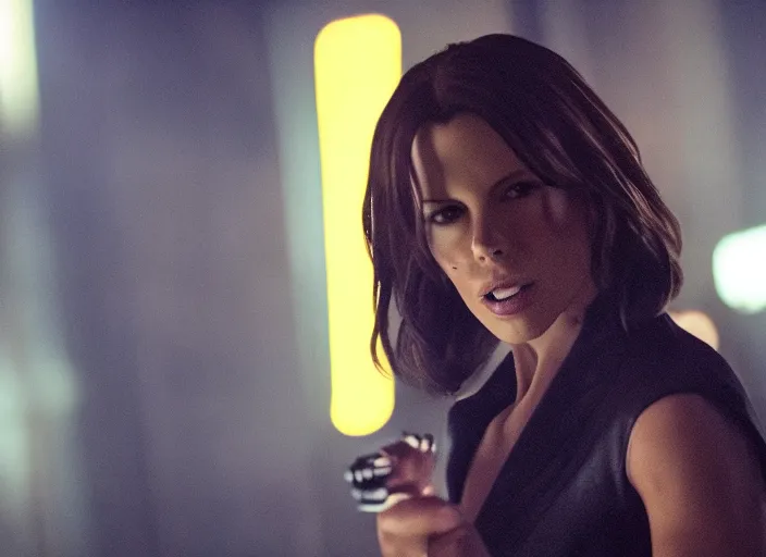Image similar to film still of Kate Beckinsale as John Wick in a night club in John Wick 2014, 4k