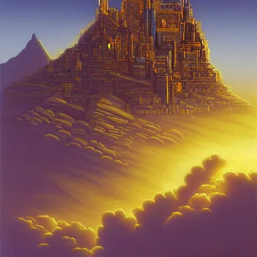 Prompt: the golden city of the gods in the clouds by killian eng and moebius