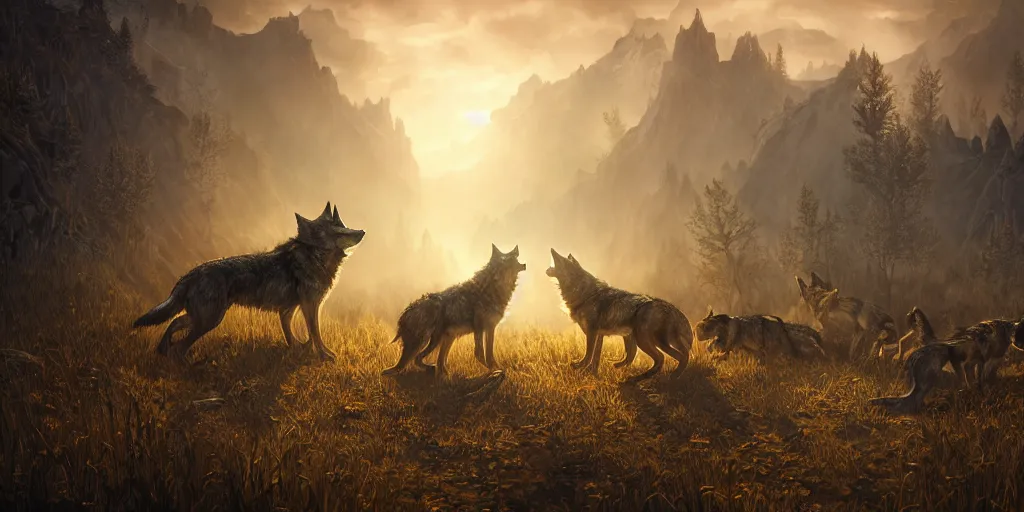 Image similar to the elder scrolls vi, wolves and their treasures, painted, intricate, volumetric lighting, beautiful, daytime, sunny weather, slight overcast, golden hour, sharp focus, deep colours, ultra detailed, by leesha hannigan, ross tran, thierry doizon, kai carpenter, ignacio fernandez rios