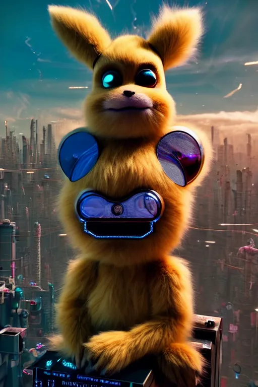 Image similar to high quality 3 d render very cute fluffy cyborg!! hanuman with gold nose piercings, highly detailed, cyberpunk mumbai in the background, unreal engine cinematic smooth, in the style of solaris & detective pikachu, hannah yata charlie immer, moody light, low angle, uhd 8 k, sharp focus