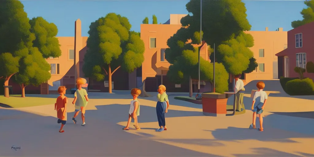 Image similar to quiet kids in the street, blue sky, summer evening, kenton nelson