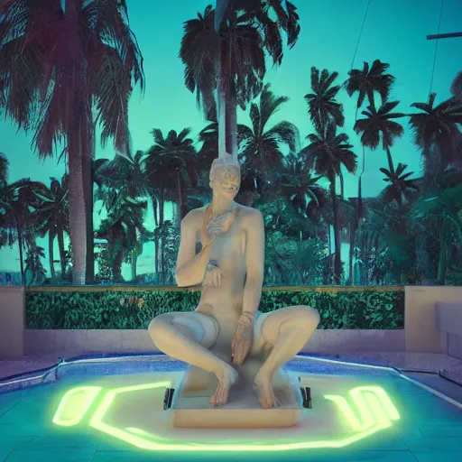 Image similar to a broken statue in a surreal underground white tiled swimming pool surrounded by neon lights and palm trees in vapor wave style, trending on artstation, 3D octane render, hyperrealistic, dramatic lighting, unreal engine, glowy, 8k, 4k, raytracing