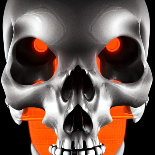 Image similar to real human skull with robotic circular orange light electronic eyes in eye sockets, cyberpunk, futurism