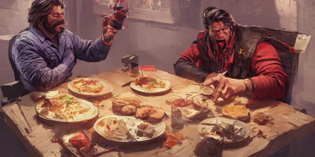 Prompt: cartoonish kurt russel eating dinner, vivid colors, character sheet, fine details, concept design, contrast, kim jung gi, greg rutkowski, trending on artstation, 8 k, full body, turnaround, front view, back view, ultra wide angle