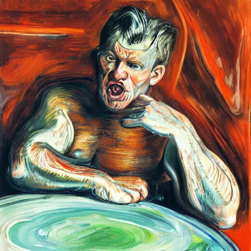 Image similar to high quality high detail expressionist painting of a man in agony by lucian freud and jenny saville edvard munch and francis bacon, hd, anxiety, seated at table, turquoise and orange