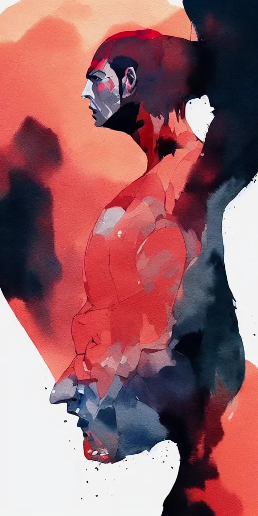 Image similar to closeup of one!!! athletic man posing dramatically with no face, no hair, black background, matte colors, by conrad roset, watercolor painting trending on artstation