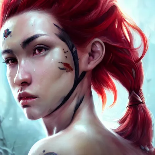 Prompt: fantasy portrait of a young beautiful veteran female warrior with red hair , scars on her face , determined expression , made by Stanley Artgerm Lau, WLOP, Rossdraws, ArtStation, CGSociety, concept art, cgsociety, octane render, trending on artstation, artstationHD, artstationHQ, unreal engine, 4k, 8k,