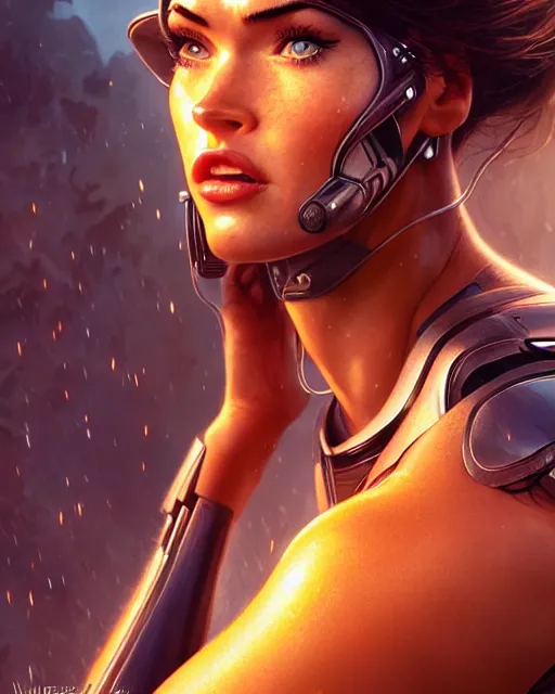 Image similar to weta disney pixar movie still portrait photo of megan fox as cyborg woman by pixar, by weta, wlop, ilya kuvshinov, rossdraws, artgerm, maxim cover, latex, sweaty, iridescent, bright morning, anime, liosh, mucha