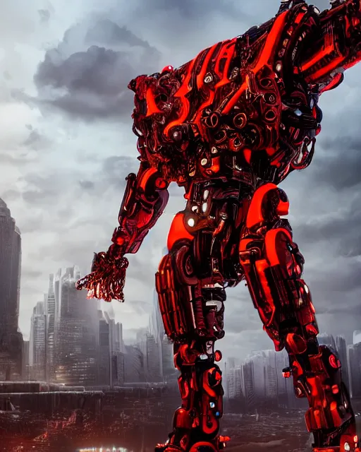 Image similar to a full body shot of an imposing cyborg ( bull ) modeled after a bull looking into the camera, android, cyborg, full body shot, red, intricate, 3 d, hyper realism, symmetrical, octane render, strong bokeh, fantasy, highly detailed, depth of field, digital art, artstation, concept art, cinematic lighting, trending