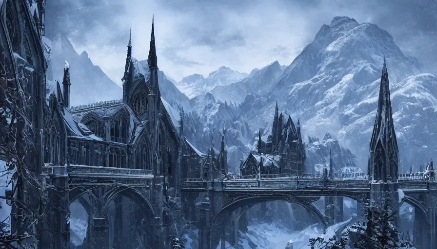 Image similar to Neo-Gothic built in snowy mountains connected by bridges, hyperdetailed, artstation, cgsociety, 8k