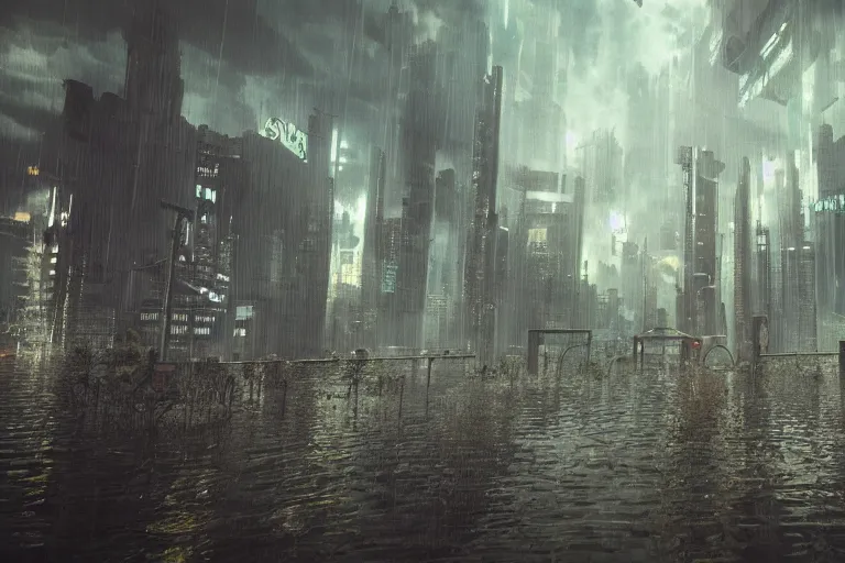 Image similar to flooded cyberpunk city ruins stormy sky