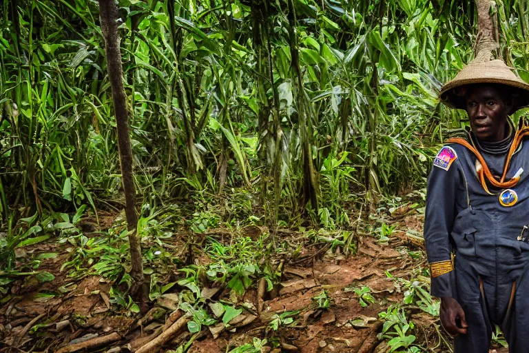 Image similar to a colonial closeup photograph of a Astronaut in a village at the river bank of Congo , Thick jungle, scary, evil looking, wide angle shot