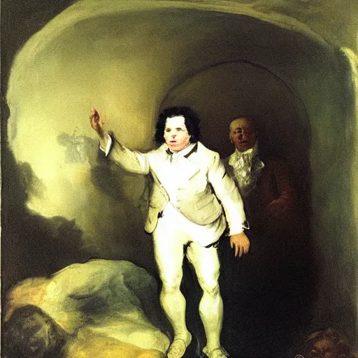 Image similar to president biden emerging from an underground white house, francisco goya oil painting