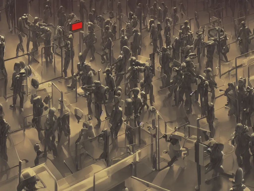 Image similar to authoritarian robot cops herd young men into security cells in a fascist police state, art by manuel sanjuian and george tooker and james paick, cinematic, spooky science fiction, digital illustration, 8 k resolution, hyperrealism