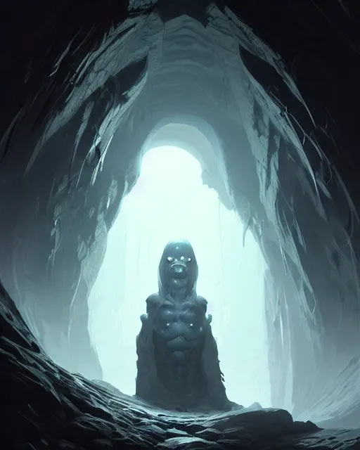 Image similar to professional concept art of a ominous alien floating in a dark cavern by artgerm and greg rutkowski ( thin white border ). an intricate, elegant, highly detailed digital painting, concept art, smooth, sharp focus, illustration, in the style of cam sykes, wayne barlowe, igor kieryluk.