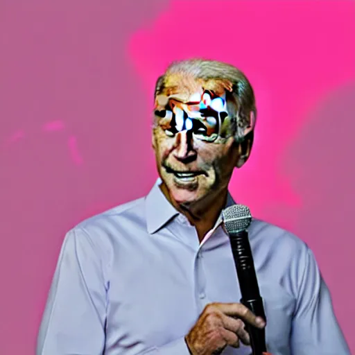 Image similar to photo of joe biden wearing a pink outfit singing into a microphone on a stage at a live concert, exciting, 8 k, very detailed,