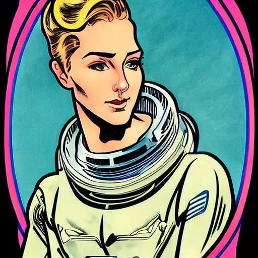 Prompt: a stoic heroic butch tomboy blonde emotionless woman, with very short slicked - back hair. she is dressed as an astronaut. well composed, clean elegant painting, beautiful detailed face. comic book art by steve ditko and jack kirby and ( alphonse mucha )