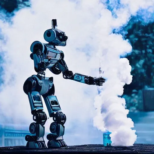 Image similar to chappie the robot making a vape smoke cloud, huge amount of vape, we get it you vape