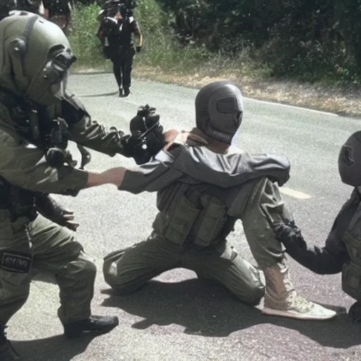 Prompt: grey alien being arrested by russian special forces