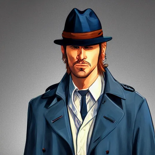 Prompt: man in a blue trench coat and a fedora, facial hair, gta cover art