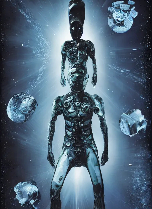 Prompt: astronauts alien in dark void underwater - complex and hyperdetailed technical suit. reflection and dispersion materials. rays and dispersion of light. volumetric light. f / 3 2. noise film photo. flash photography. ultra realistic, wide angle. poster by wayne barlowe, hajime sorayama aaron horkey, craig mullins