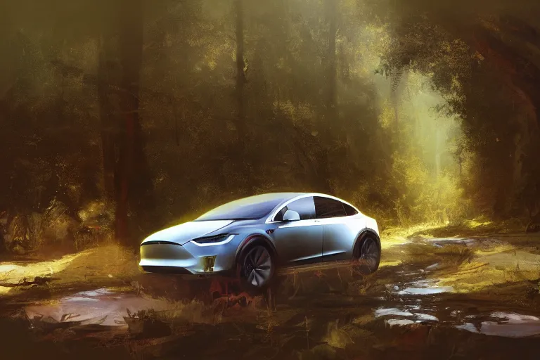 Image similar to A painting of a Tesla Model X in a forest by Craig Mullins, dramatic lighting, cinematic, establishing shot, extremely high detail, artstation