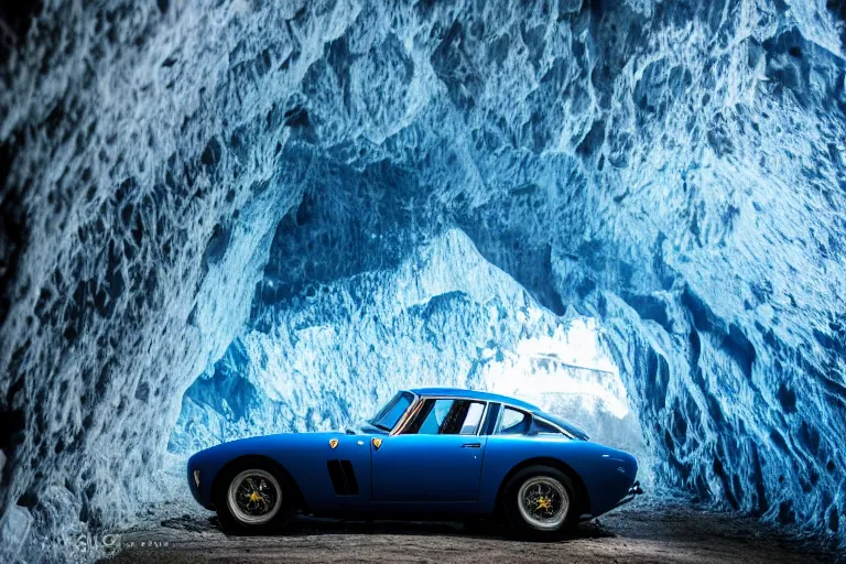 Prompt: cinematography of Ferrari 250 GTO series 2 in a blue glacier cave by Emmanuel Lubezki