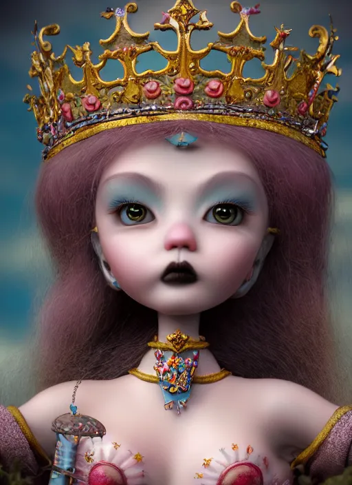 Image similar to highly detailed closeup, profile portrait of a tin toy goth fairytale princess wearing a crown, bikini, unreal engine, nicoletta ceccoli, mark ryden, earl norem, lostfish, global illumination, detailed and intricate environment