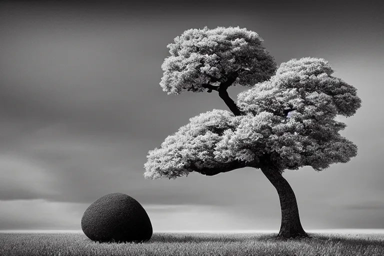 Prompt: award winning infrared photography of andy lee, solitary bonsai tree, beautiful light, moody, dramatic lighting, rule of thirds, golden ratio