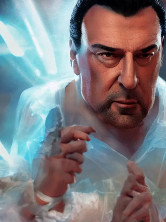 Image similar to art of prime Steven Segal wearing a tutu and ballet shoes, 8k ultra realistic , lens flare, atmosphere, glow, detailed,intricate, full of colour, cinematic lighting, trending on artstation, 4k, hyperrealistic, focused, extreme details,unreal engine 5, cinematic, masterpiece
