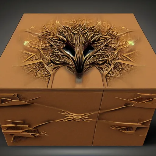 Image similar to fantasy art hyper realistic ai created interesting bizarre subconscious of a cardboard box with fractal vignette edge fantastic art award winning best ultra detailed magnificent