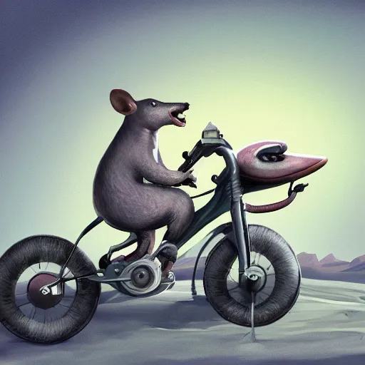 Image similar to a stainless steel bike, made of swiss cheese wheels, a cartoonish rat riding the bike on the surface of the moon and, digital painting, greg rutowski, artstation