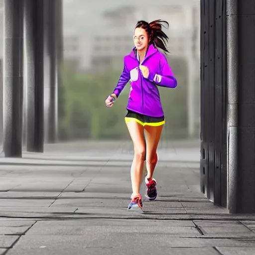 Prompt: girl running jogging outside in the city with headphones on by liang Xing