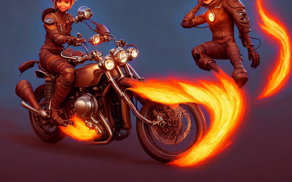 Image similar to weta disney pixar character shot of 🏍 by pixar : : flames : : by weta, greg rutkowski, wlop, ilya kuvshinov, rossdraws, artgerm, marvel, unreal engine, bright morning, anime