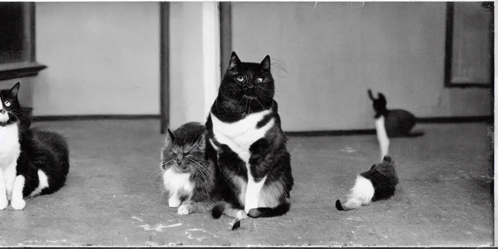 Image similar to very old black and white photo from 1898, film grain, a very serious professor cat is trying to teach the meaning of the universe to a room full of idiot dogs funny