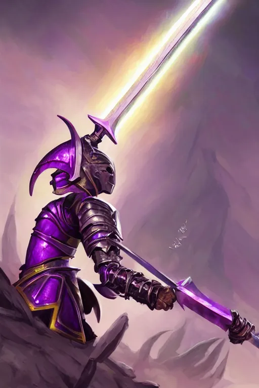 Prompt: fierce robot knight holdin magical sword, purple energy, highly detailed, d & d, fantasy, highly detailed, digital painting, trending on artstation, concept art, sharp focus, illustration, global illumination, ray tracing, realistic shaded, art by artgerm and greg rutkowski and fuji choko and viktoria gavrilenko and hoang lap
